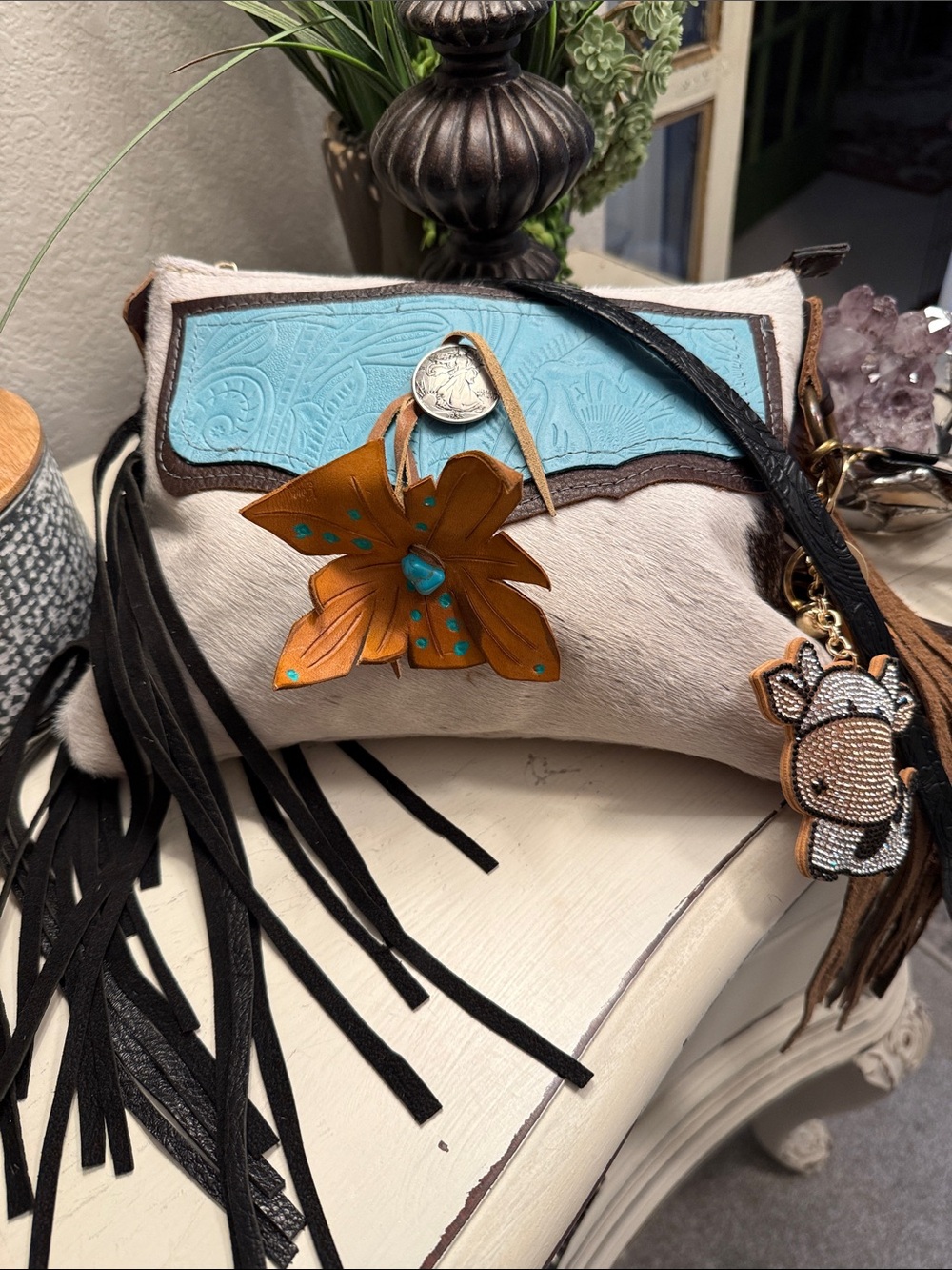 Western Leather hair on hide on Fringe Crossbody Bag with Turquoise Accent